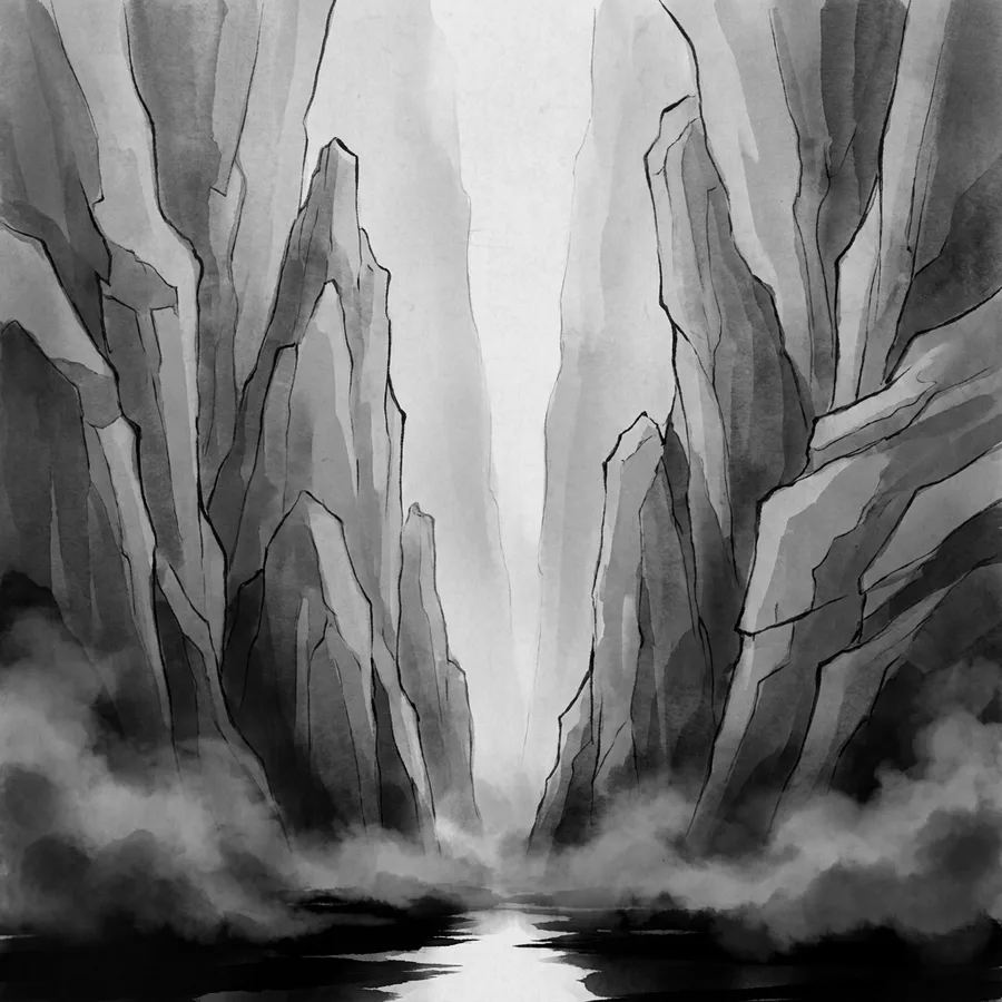 Ink drawing of a narrow slot between two towering rock walls seen from the bottom, mist and dark water at its base and a bright strip of sky far above.