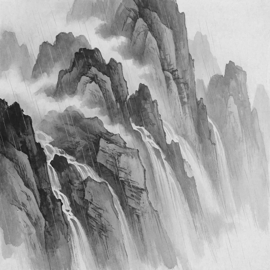 Ink drawing of a near-vertical rock wall seen head-on, waterfalls falling its full height and rain streaking across it, more spires receding into mist to one side.