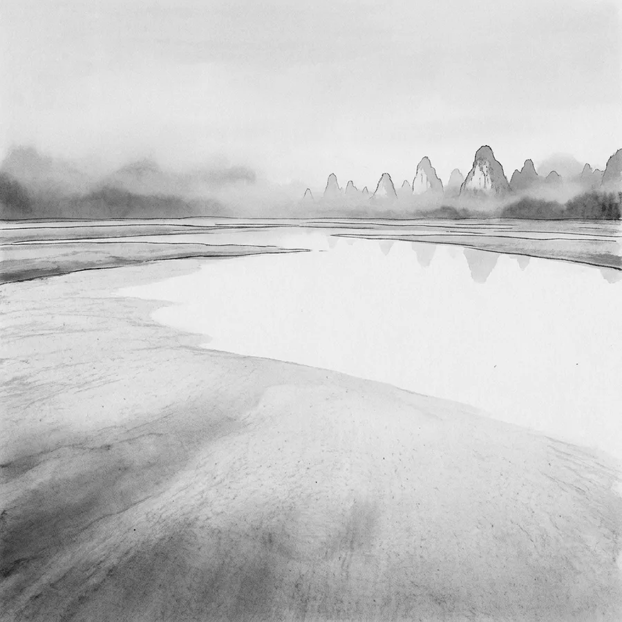 Ink drawing of a wide flat basin of pale water and sandbars seen at ground level, a low line of distant peaks on the horizon reflected in the still water.