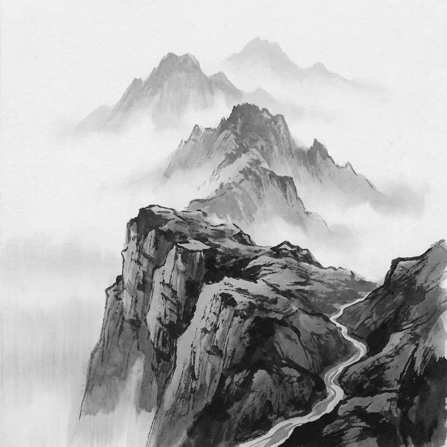 Ink drawing of a high mountain ridge in the foreground with a sharp peak rising behind it and a further range fading into mist, a pale switchback path threading up the near ridge.
